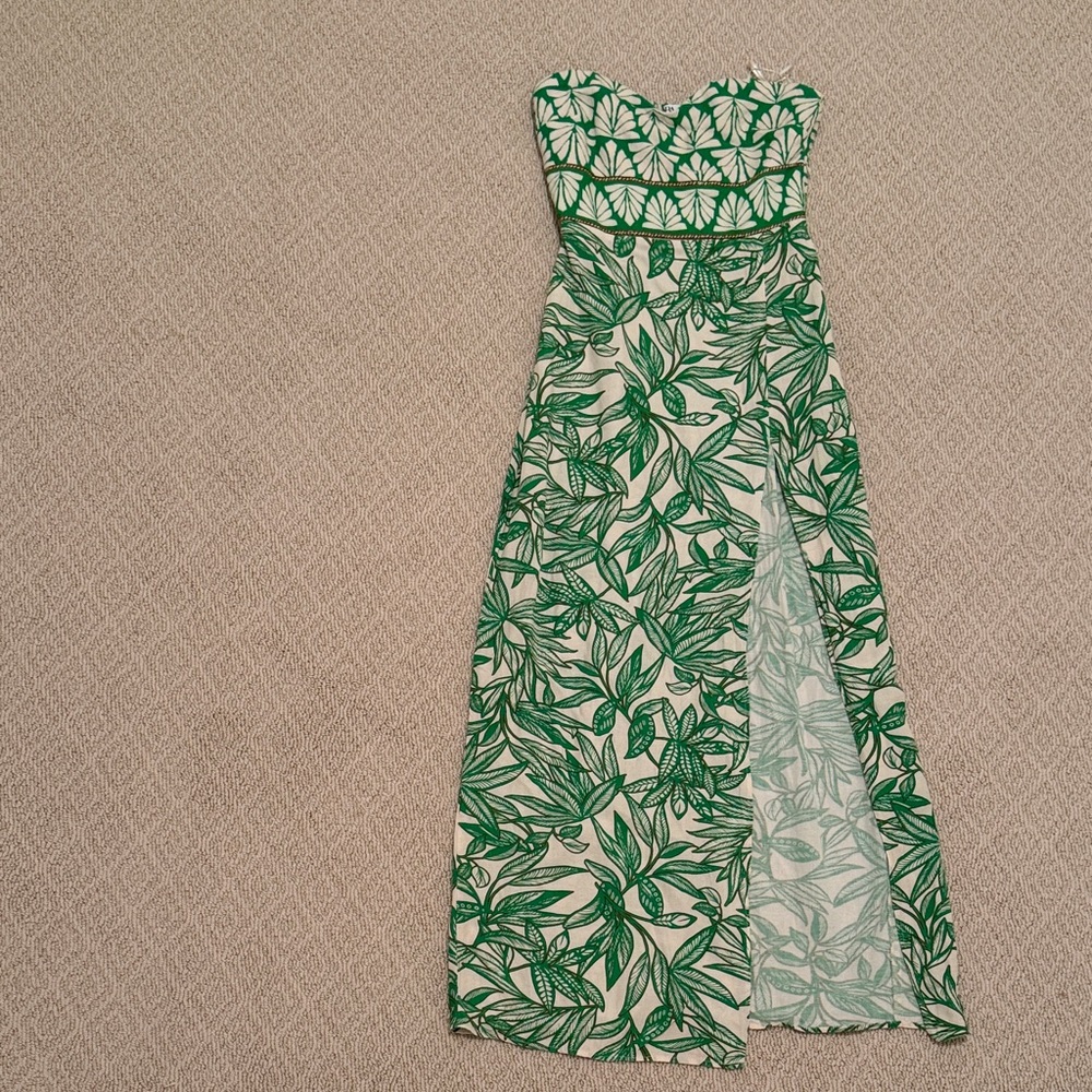 Zara Strapless White Maxi Dress with Green Leaf Print
